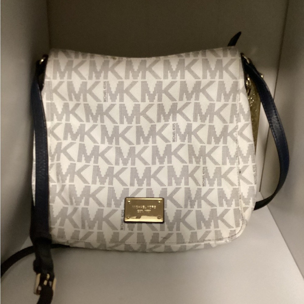 Michael Kors White MK Logo Crossbody with Navy Trim and Gold Plate